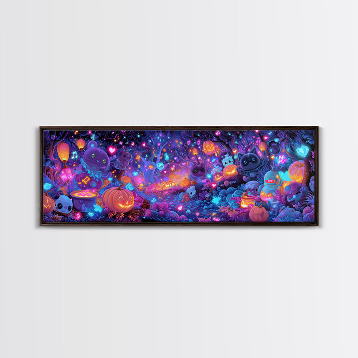 The Moonlight Dance Party, Synthwave Halloween Art, Extra Wide Wall Art, Canvas Print, Retro Halloween Decor, Neon Wall Art