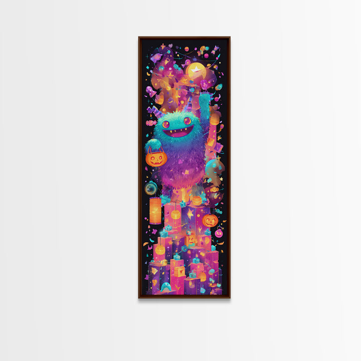 The Candy Bucket Relay Race, 80s Halloween Wall Art, Tall Narrow Wall Art, Framed Canvas Print, Retro Halloween Decor, Neon Wall Art