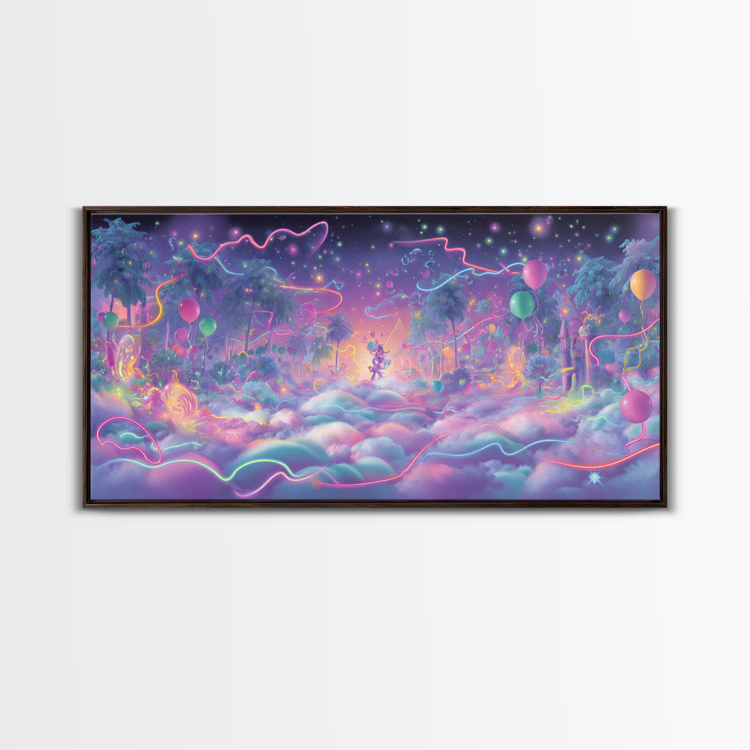 The Broomstick Obstacle Course, Vaporwave Halloween Decor, Wide Panoramic Art, Framed Canvas Print, Retro Halloween Decor, Neon Wall Art