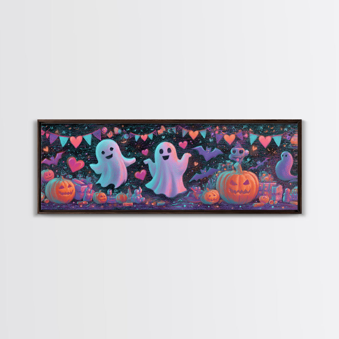 The Halloween Craft Table, Retro Neon Halloween Art, Extra Wide Wall Art, Framed Canvas Print, Retro Halloween Decor, Neon Wall Art