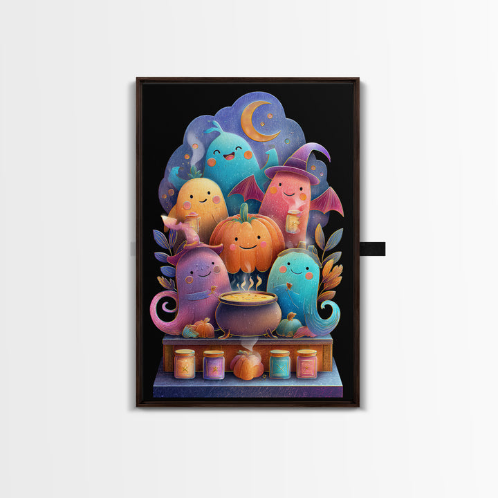 The Pumpkin Pancake Breakfast, Retro Neon Halloween Art, Vertical Wall Art, Canvas Print, Retro Halloween Decor, Neon Wall Art