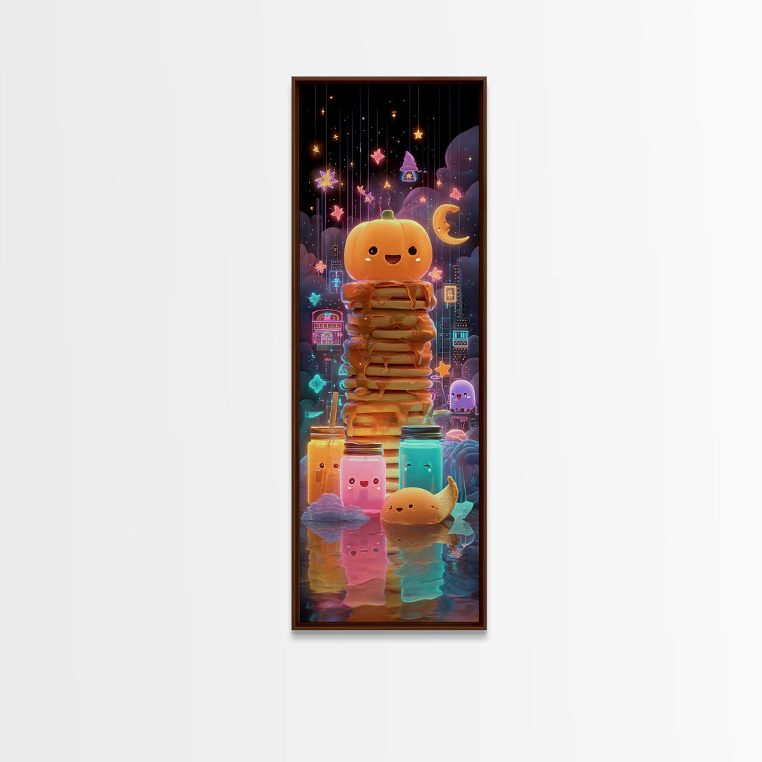 The Pumpkin Pancake Breakfast, Retro Neon Halloween Art, Tall Narrow Wall Art, Canvas Print, Retro Halloween Decor, Neon Wall Art