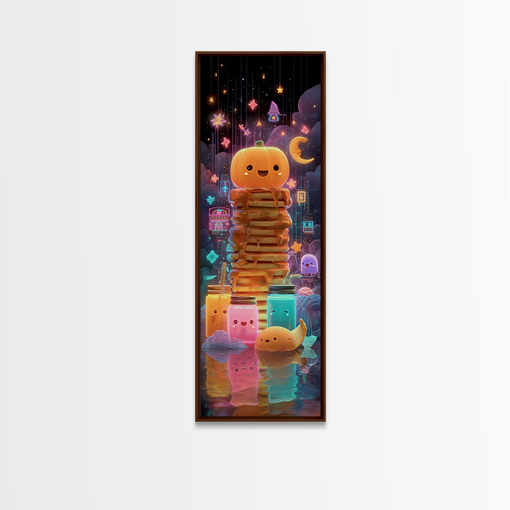 The Pumpkin Pancake Breakfast, Retro Neon Halloween Art, Tall Narrow Wall Art, Canvas Print, Retro Halloween Decor, Neon Wall Art