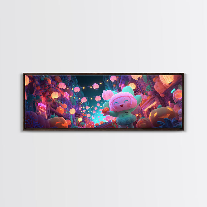 The Lantern-Making Festival, Cute Spooky Neon Art, Extra Wide Wall Art, Framed Canvas Print, Retro Halloween Decor, Neon Wall Art