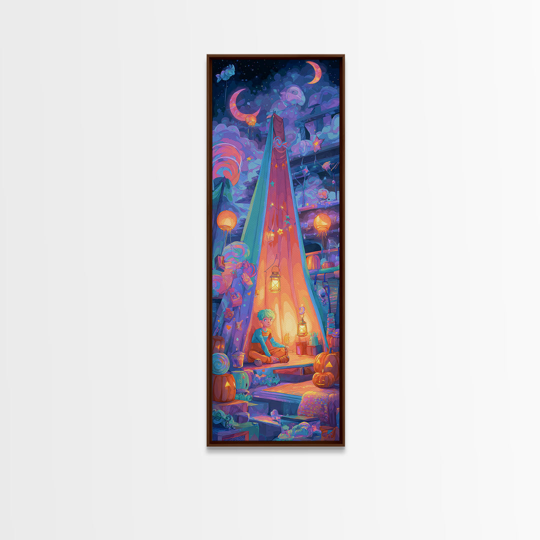 The Halloween Sleepover, Cute Spooky Neon Art, Tall Narrow Wall Art, Framed Canvas Print, Retro Halloween Decor, Neon Wall Art