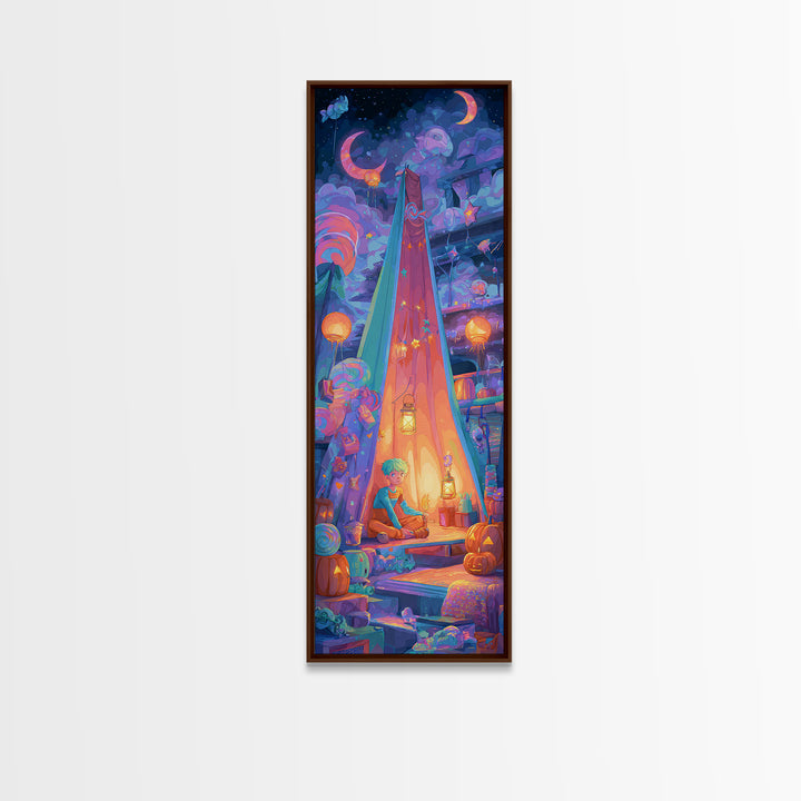 The Halloween Sleepover, Cute Spooky Neon Art, Tall Narrow Wall Art, Framed Canvas Print, Retro Halloween Decor, Neon Wall Art