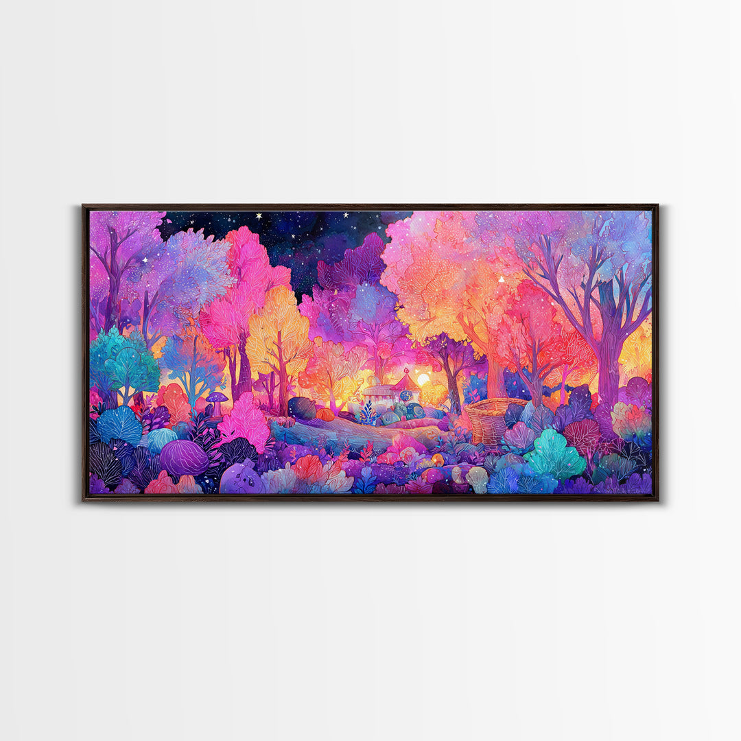 The Moonlit Scavenger Hunt, 80s Halloween Wall Art, Wide Panoramic Art, Canvas Print, Retro Halloween Decor, Neon Wall Art