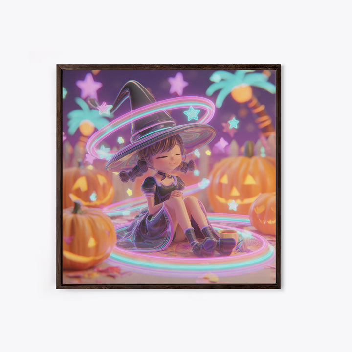 The Witch Hat Ring Toss, Retro Neon Halloween Art, Square Wall Art, Canvas Print, Retro Halloween Decor, Neon Wall Art