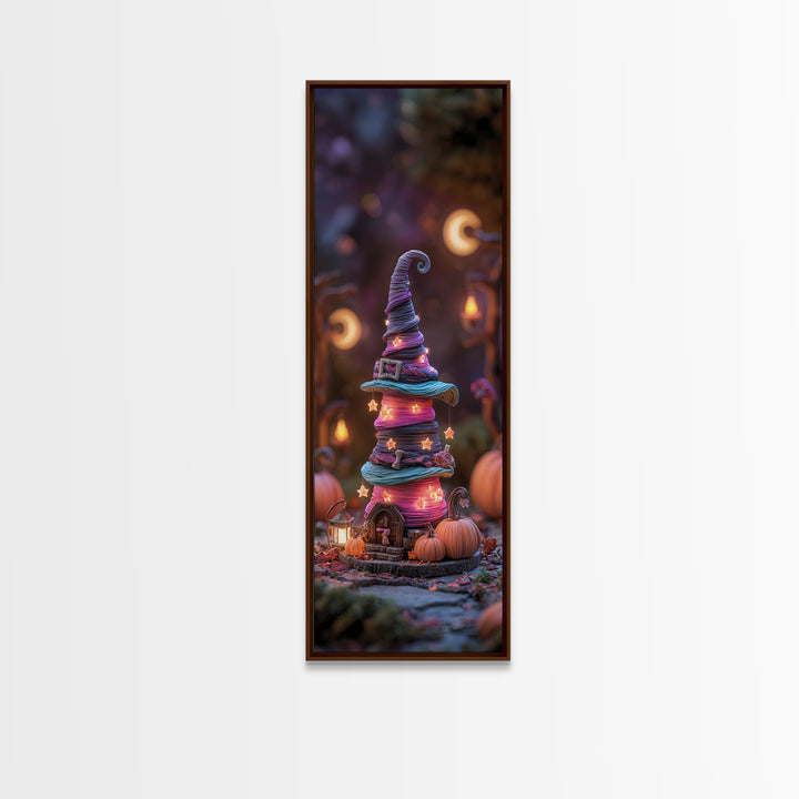The Witch Hat Ring Toss, 80s Halloween Wall Art, Tall Narrow Wall Art, Framed Canvas Print, Retro Halloween Decor, Neon Wall Art