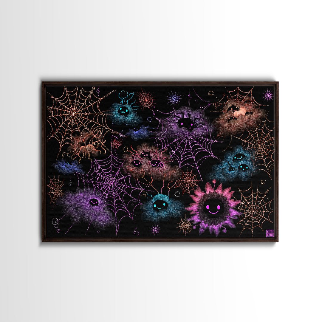 The Great Cobweb Knitting Contest, Vaporwave Halloween Decor, Landscape Wall Art, Canvas Print, Retro Halloween Decor, Neon Wall Art