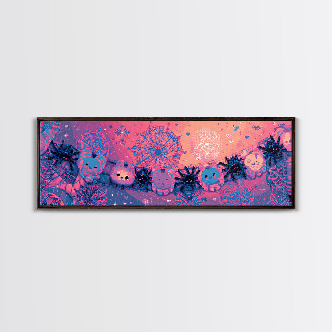 The Great Cobweb Knitting Contest, 80s Halloween Wall Art, Extra Wide Wall Art, Canvas Print, Retro Halloween Decor, Neon Wall Art