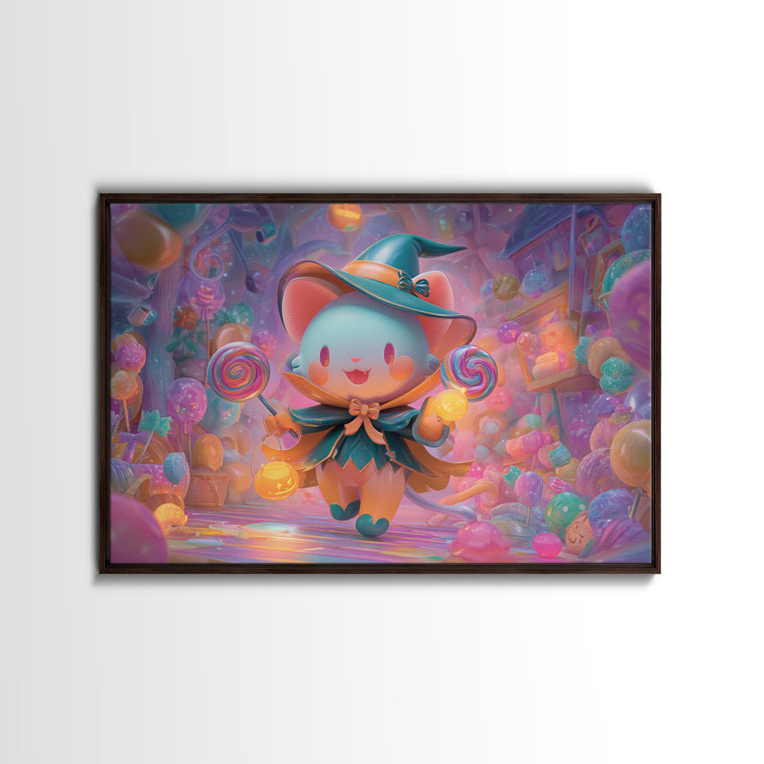 The Halloween Pet Parade, 80s Halloween Wall Art, Landscape Wall Art, Framed Canvas Print, Retro Halloween Decor, Neon Wall Art