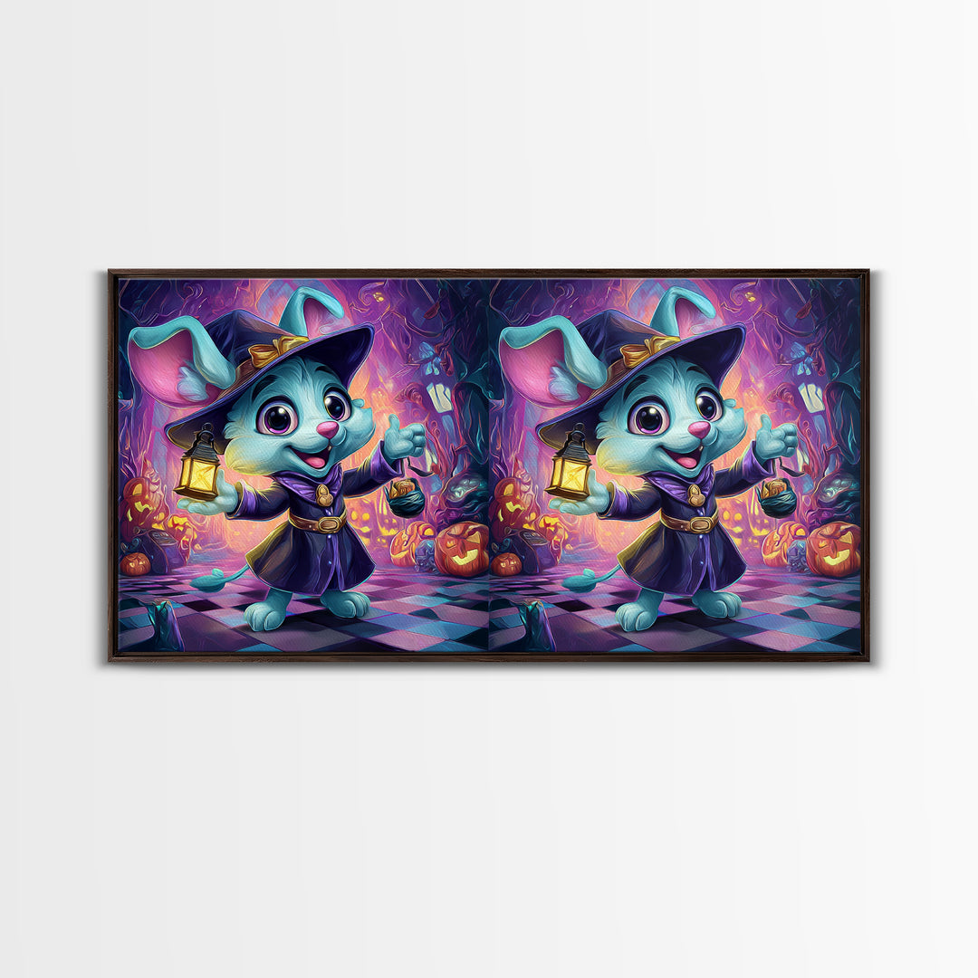 The Halloween Pet Parade, Synthwave Halloween Art, Wide Panoramic Art, Framed Canvas Print, Retro Halloween Decor, Neon Wall Art