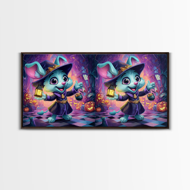The Halloween Pet Parade, Synthwave Halloween Art, Wide Panoramic Art, Framed Canvas Print, Retro Halloween Decor, Neon Wall Art