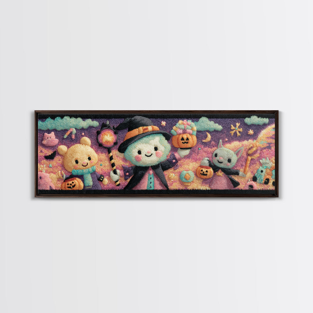 The Halloween Pet Parade, Vaporwave Halloween Decor, Extra Wide Wall Art, Framed Canvas Print, Retro Halloween Decor, Neon Wall Art