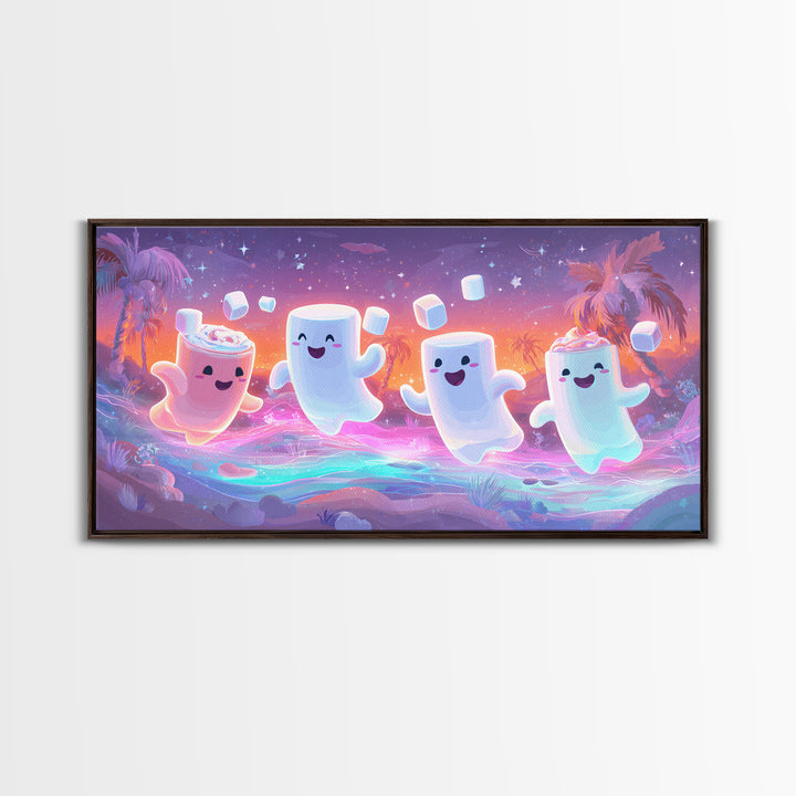 The Midnight Cocoa Party, Vaporwave Halloween Decor, Wide Panoramic Art, Framed Canvas Print, Retro Halloween Decor, Neon Wall Art