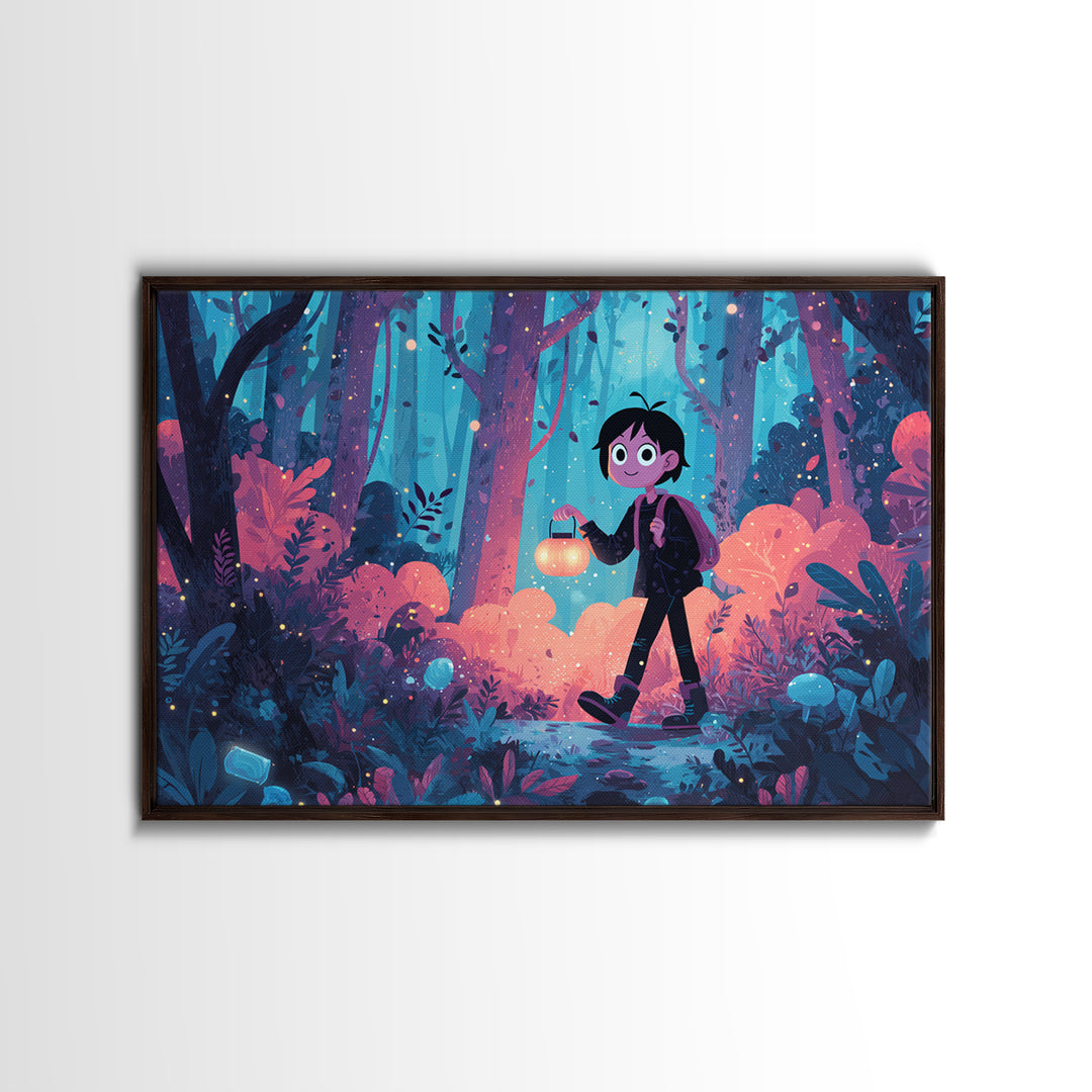 The Firefly Lantern Forest, Cute Spooky Neon Art, Landscape Wall Art, Canvas Print, Retro Halloween Decor, Neon Wall Art