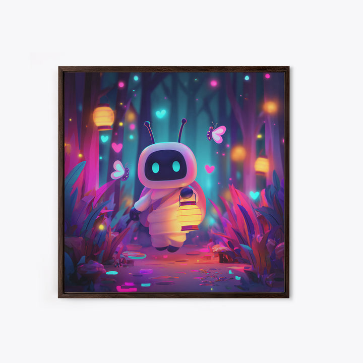 The Firefly Lantern Forest, Retro Neon Halloween Art, Square Wall Art, Framed Canvas Print, Retro Halloween Decor, Neon Wall Art