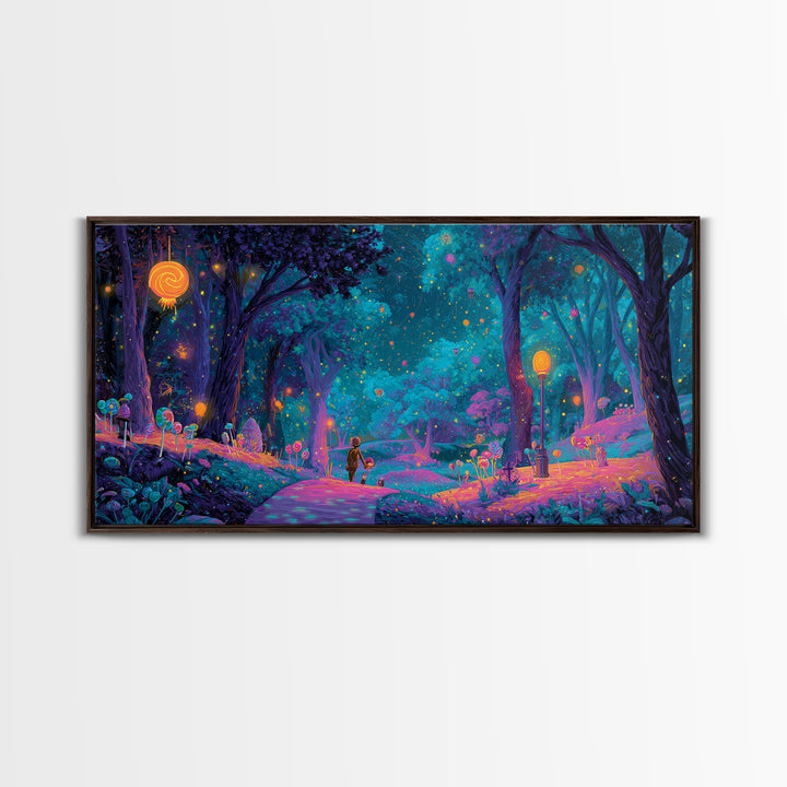 The Firefly Lantern Forest, Vaporwave Halloween Decor, Wide Panoramic Art, Framed Canvas Print, Retro Halloween Decor, Neon Wall Art