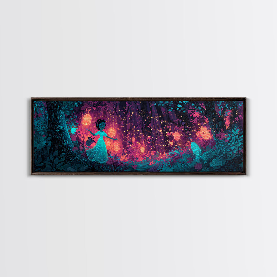 The Firefly Lantern Forest, Vaporwave Halloween Decor, Extra Wide Wall Art, Framed Canvas Print, Retro Halloween Decor, Neon Wall Art