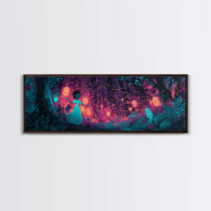The Firefly Lantern Forest, Vaporwave Halloween Decor, Extra Wide Wall Art, Framed Canvas Print, Retro Halloween Decor, Neon Wall Art