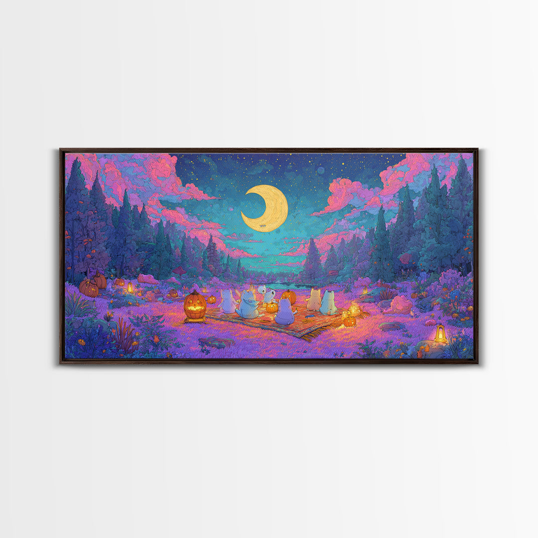 The Smiling Moon Meadow, Vaporwave Halloween Decor, Wide Panoramic Art, Canvas Print, Retro Halloween Decor, Neon Wall Art
