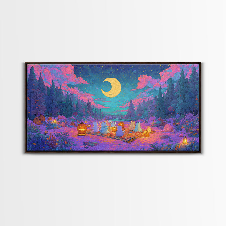 The Smiling Moon Meadow, Vaporwave Halloween Decor, Wide Panoramic Art, Canvas Print, Retro Halloween Decor, Neon Wall Art