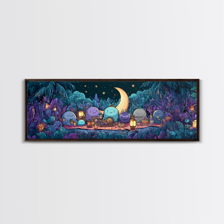 The Smiling Moon Meadow, Synthwave Halloween Art, Extra Wide Wall Art, Framed Canvas Print, Retro Halloween Decor, Neon Wall Art