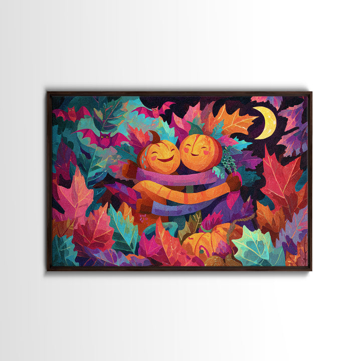 The Dancing Autumn Leaves, Synthwave Halloween Art, Landscape Wall Art, Canvas Print, Retro Halloween Decor, Neon Wall Art