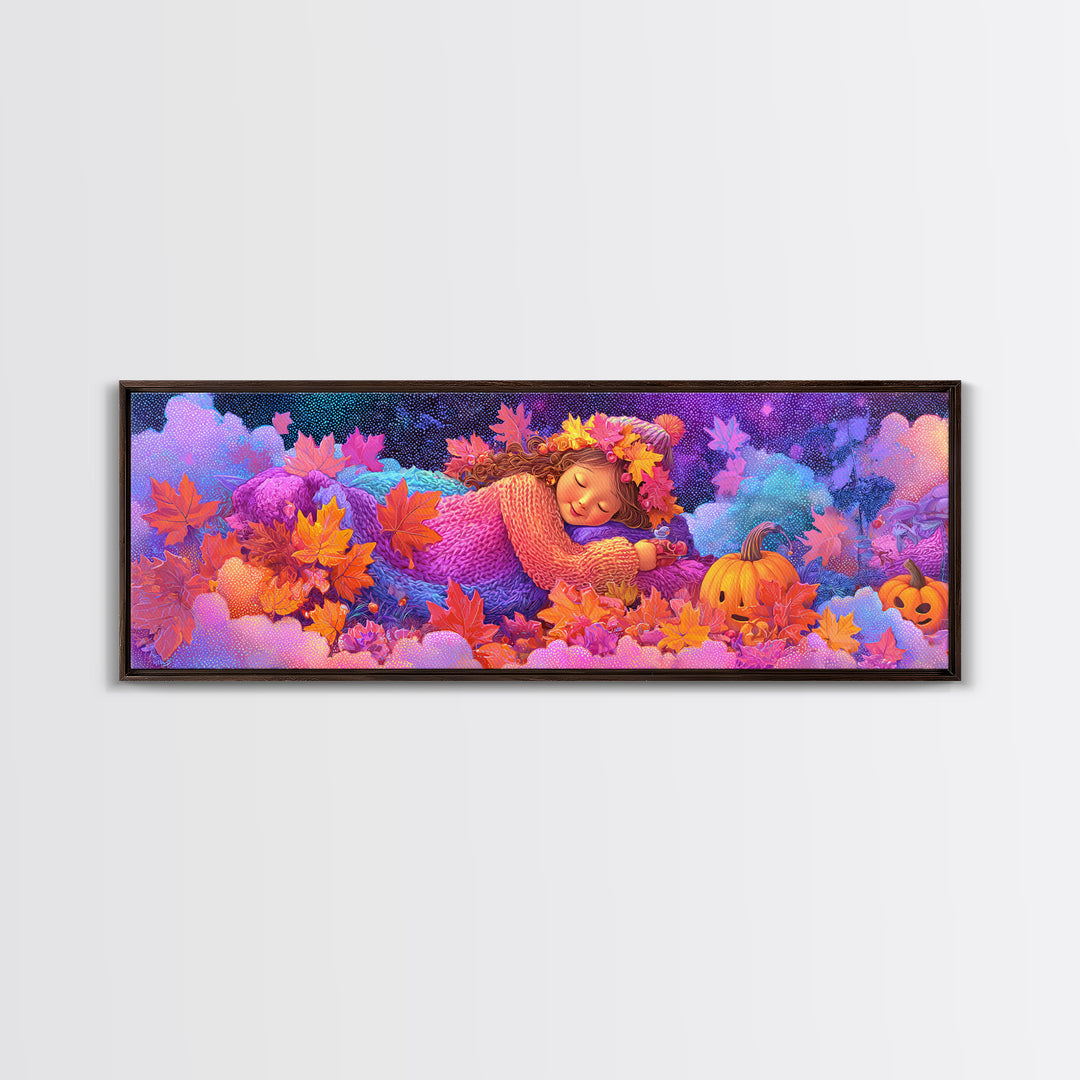 The Dancing Autumn Leaves, 80s Halloween Wall Art, Extra Wide Wall Art, Canvas Print, Retro Halloween Decor, Neon Wall Art