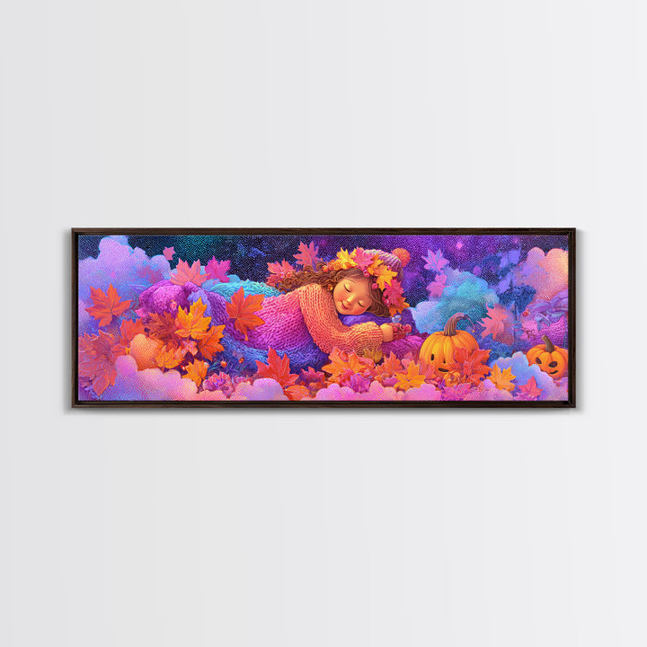 The Dancing Autumn Leaves, 80s Halloween Wall Art, Extra Wide Wall Art, Canvas Print, Retro Halloween Decor, Neon Wall Art