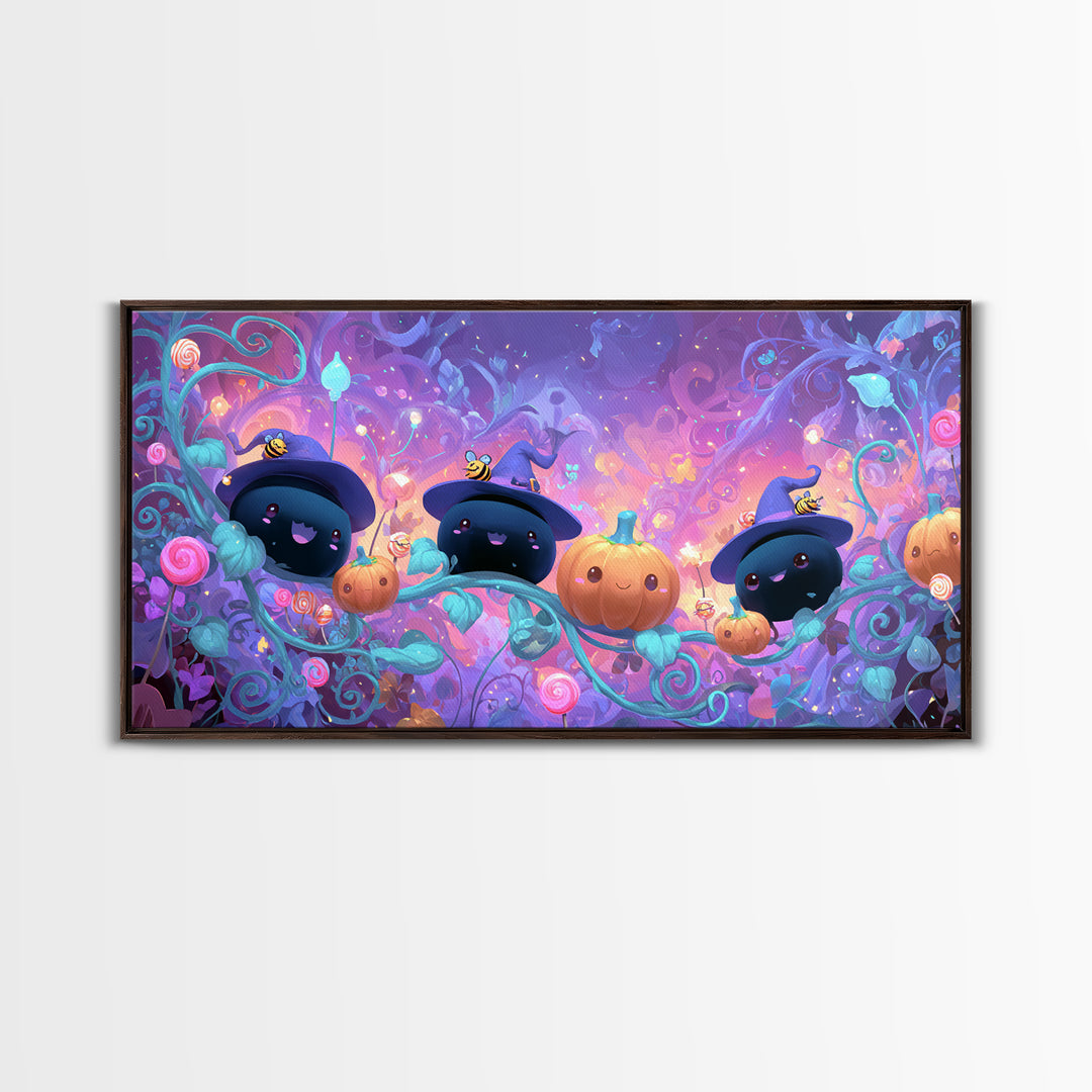 The Pumpkin Flower Garden, Cute Spooky Neon Art, Wide Panoramic Art, Canvas Print, Retro Halloween Decor, Neon Wall Art, Gothic Home Decor