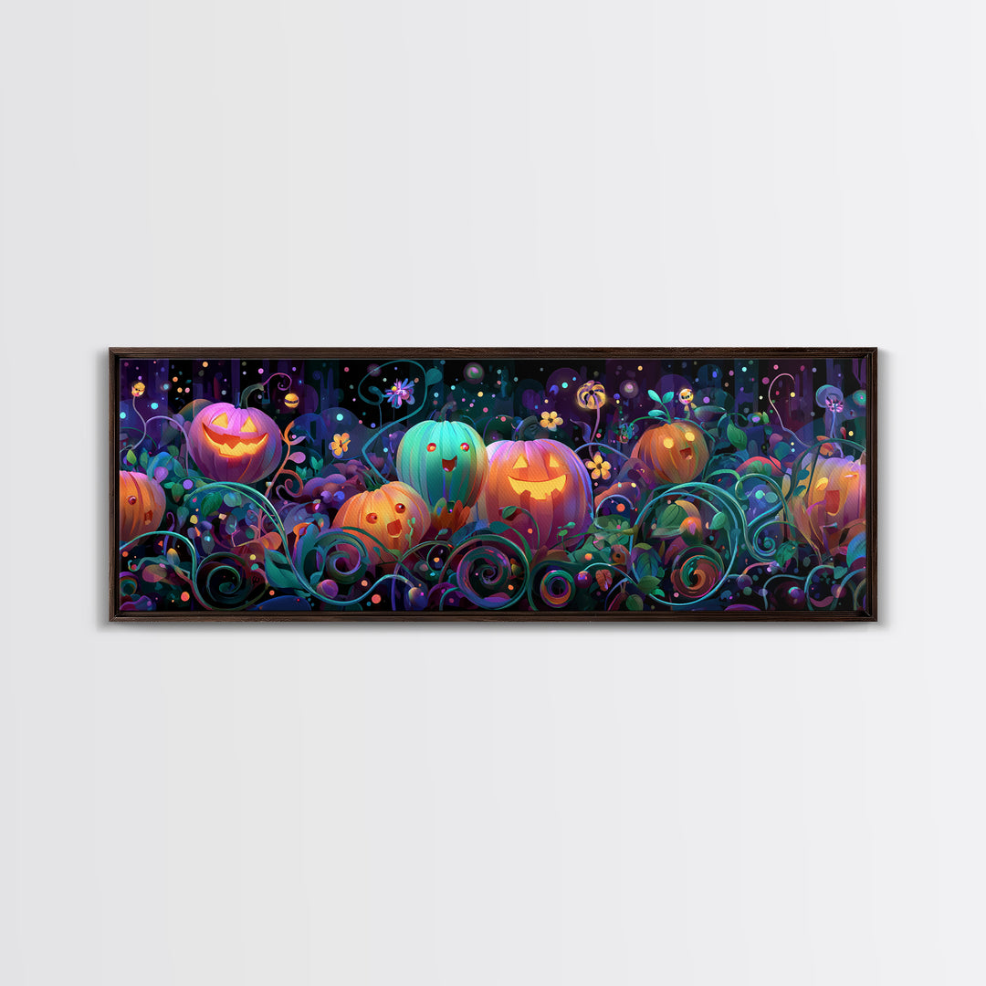 The Pumpkin Flower Garden, 80s Halloween Wall Art, Extra Wide Wall Art, Canvas Print, Retro Halloween Decor, Neon Wall Art