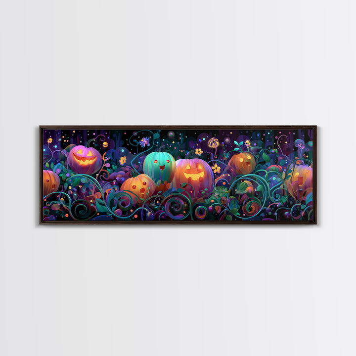 The Pumpkin Flower Garden, 80s Halloween Wall Art, Extra Wide Wall Art, Canvas Print, Retro Halloween Decor, Neon Wall Art