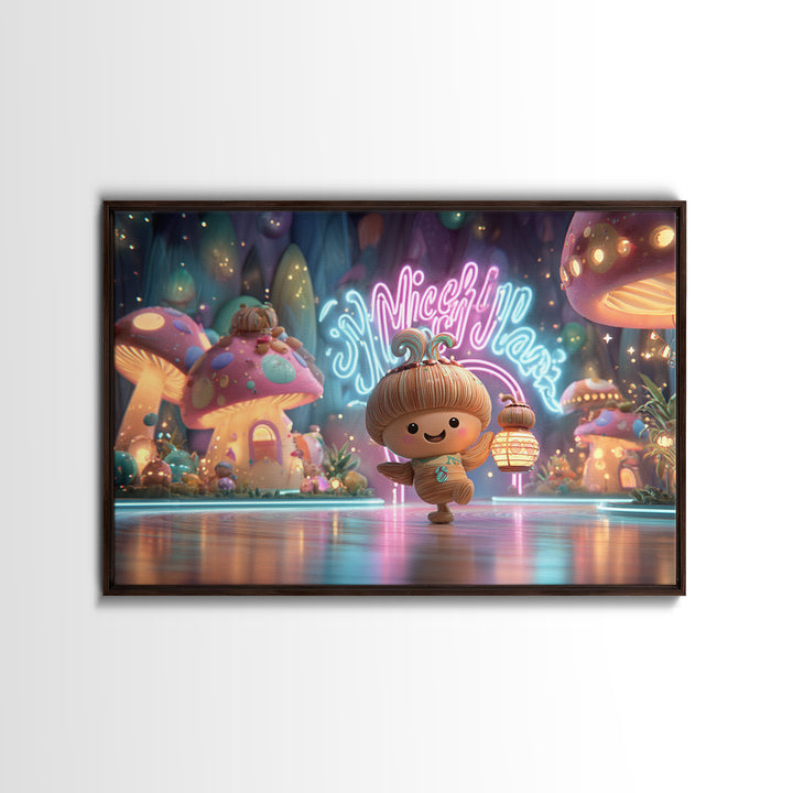 The Moonlit Acorn Village, Vaporwave Halloween Decor, Landscape Wall Art, Framed Canvas Print, Retro Halloween Decor, Neon Wall Art
