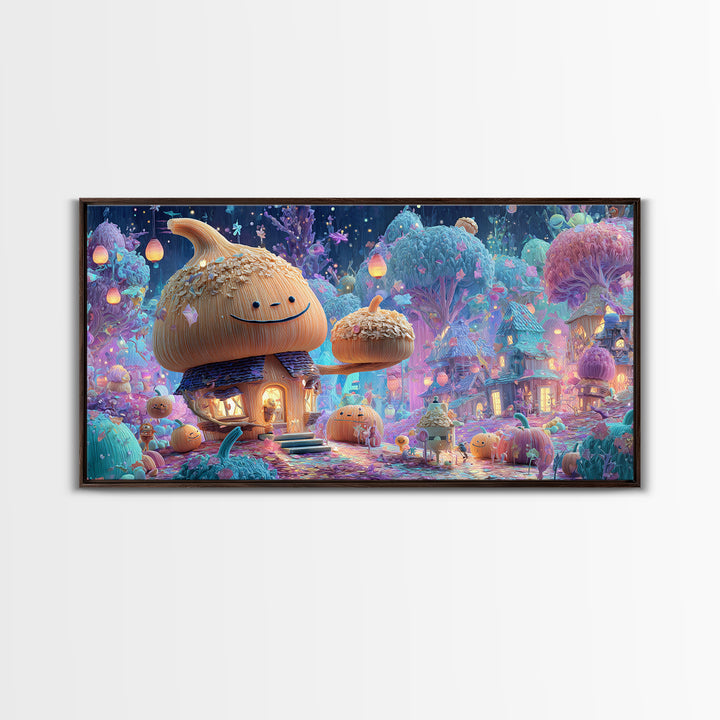 The Moonlit Acorn Village, Retro Neon Halloween Art, Wide Panoramic Art, Canvas Print, Retro Halloween Decor, Neon Wall Art
