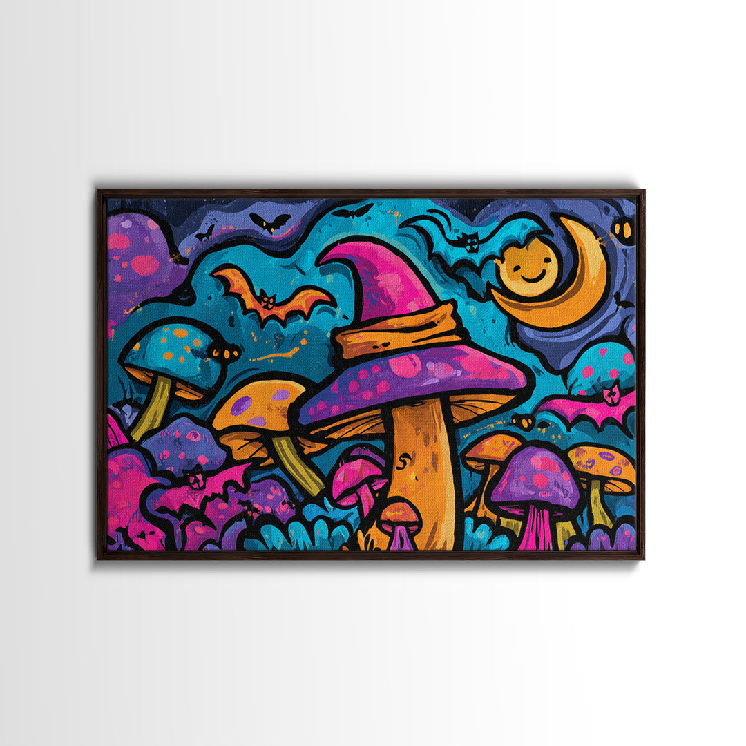 The Friendly Mushroom Forest, Vaporwave Halloween Decor, Landscape Wall Art, Framed Canvas Print, Retro Halloween Decor, Neon Wall Art