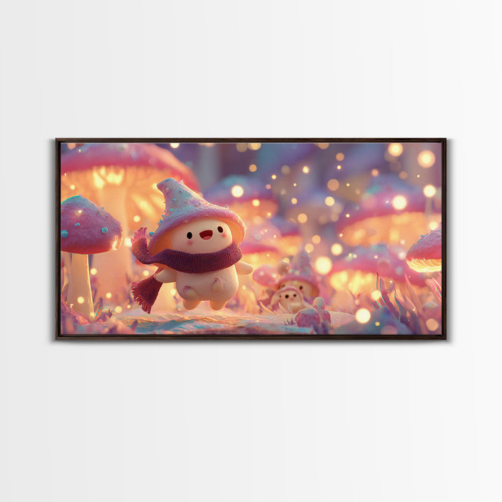 The Friendly Mushroom Forest, Vaporwave Halloween Decor, Wide Panoramic Art, Framed Canvas Print, Retro Halloween Decor, Neon Wall Art