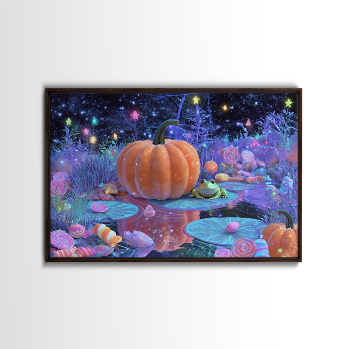The Star-Filled Pumpkin Pond, Vaporwave Halloween Decor, Landscape Wall Art, Framed Canvas Print, Retro Halloween Decor, Neon Wall Art