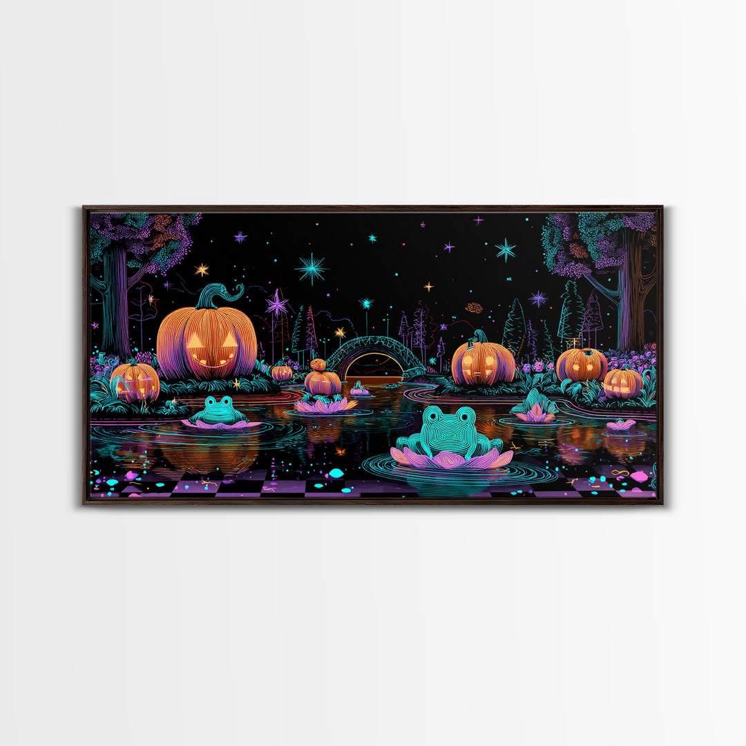 The Star-Filled Pumpkin Pond, Retro Neon Halloween Art, Wide Panoramic Art, Framed Canvas Print, Retro Halloween Decor, Neon Wall Art