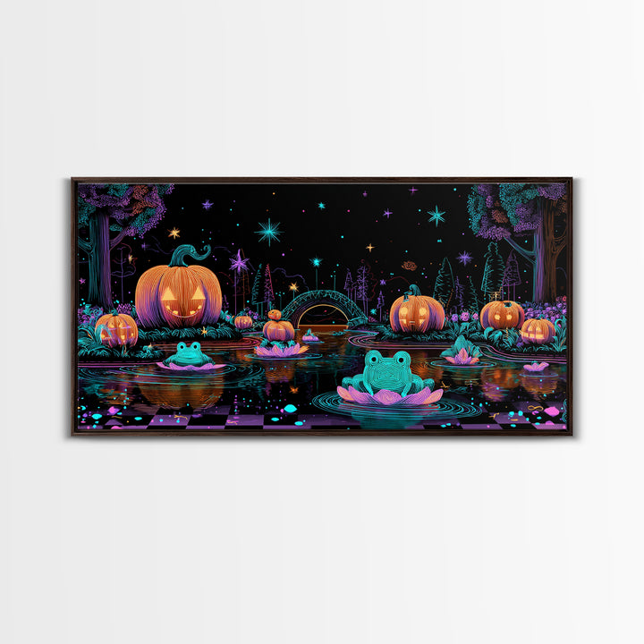 The Star-Filled Pumpkin Pond, Retro Neon Halloween Art, Wide Panoramic Art, Framed Canvas Print, Retro Halloween Decor, Neon Wall Art