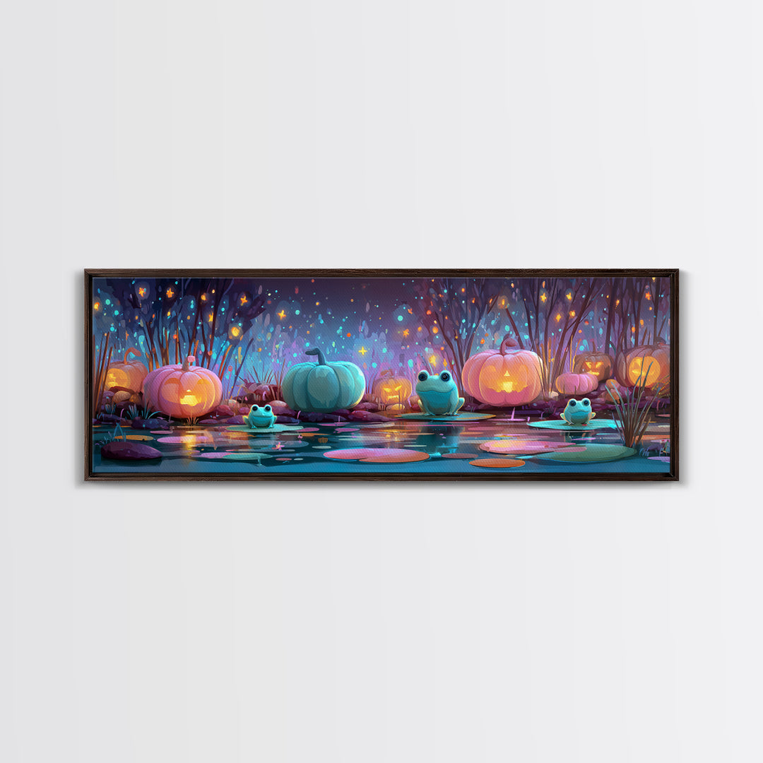 The Star-Filled Pumpkin Pond, Retro Neon Halloween Art, Extra Wide Wall Art, Canvas Print, Retro Halloween Decor, Neon Wall Art
