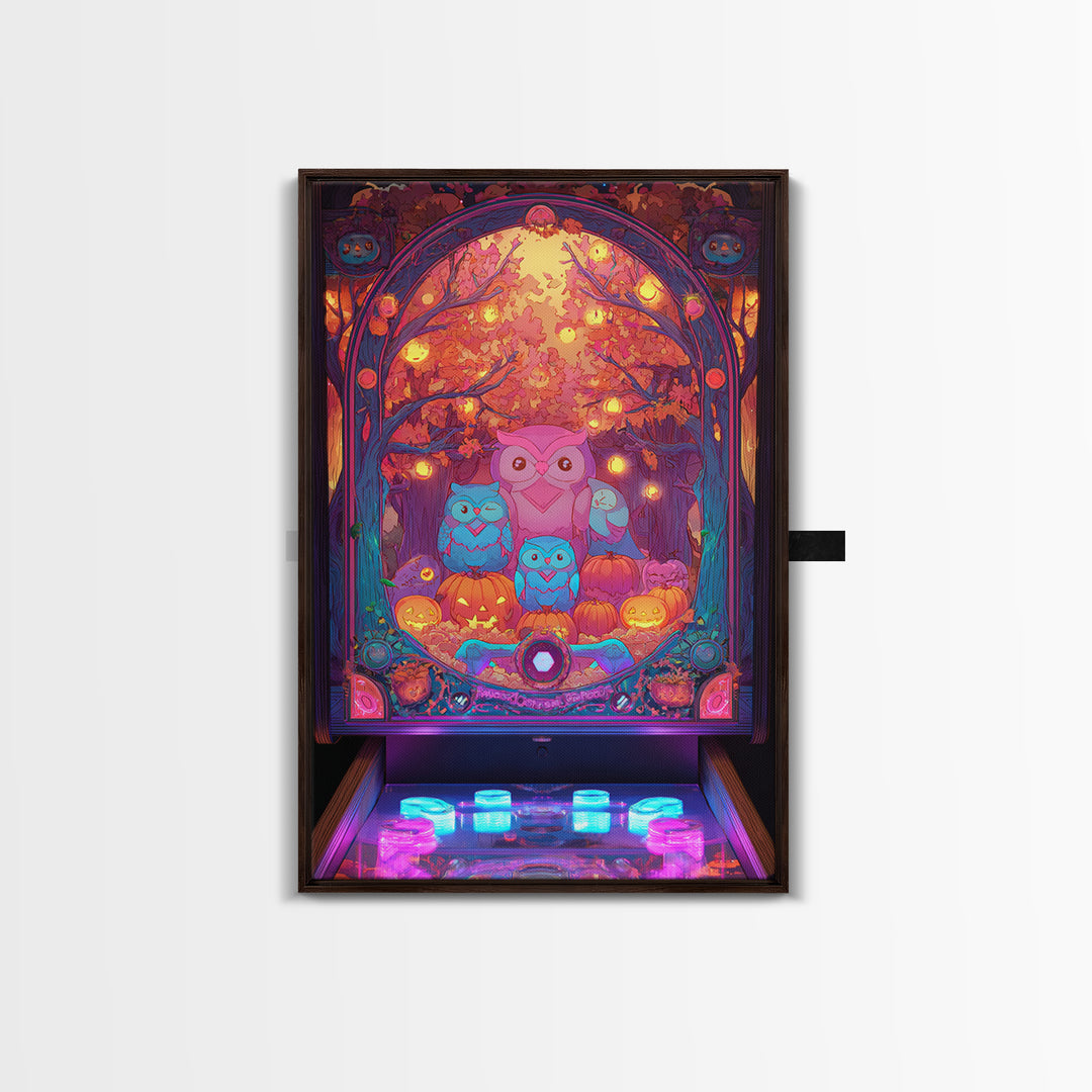 The Sleepy Owl Orchard, Cute Spooky Neon Art, Vertical Wall Art, Framed Canvas Print, Retro Halloween Decor, Neon Wall Art