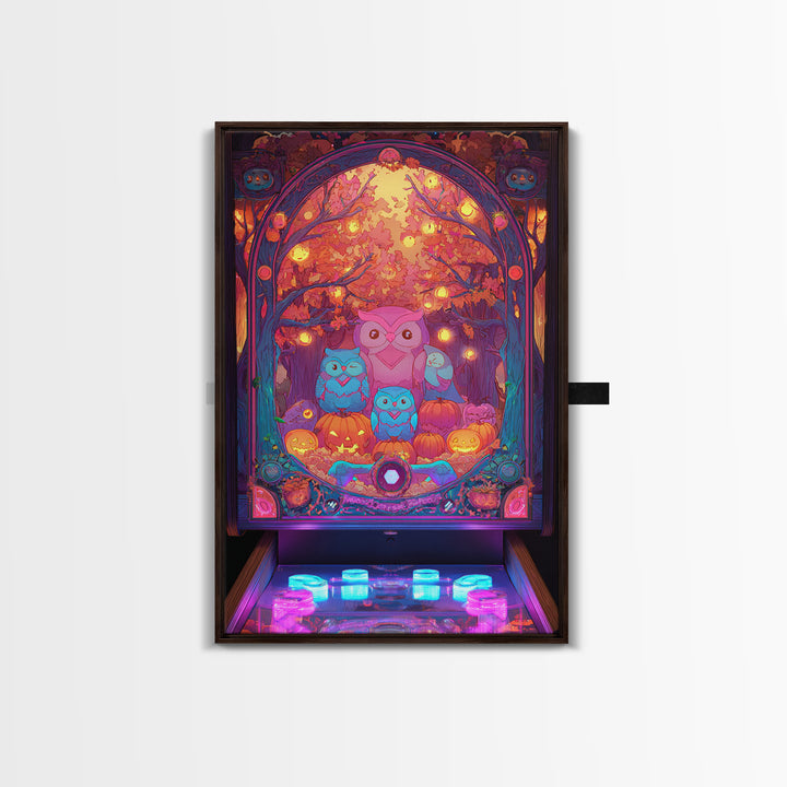 The Sleepy Owl Orchard, Cute Spooky Neon Art, Vertical Wall Art, Framed Canvas Print, Retro Halloween Decor, Neon Wall Art
