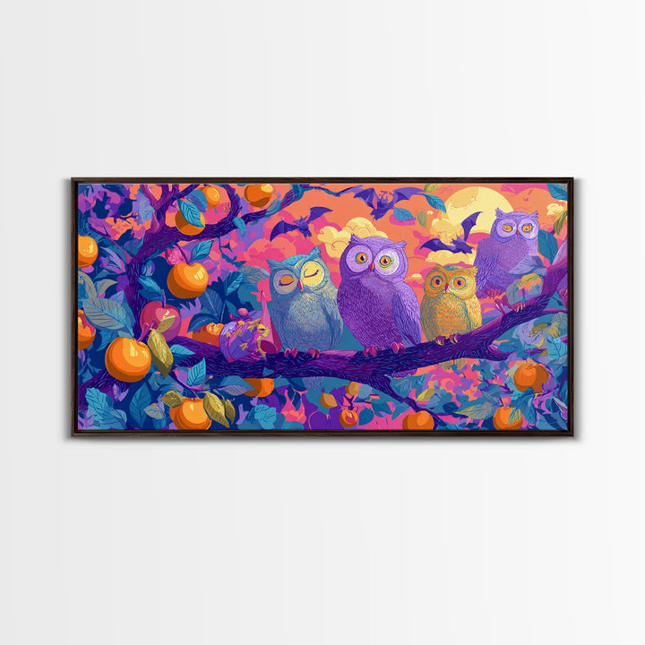 The Sleepy Owl Orchard, Retro Neon Halloween Art, Wide Panoramic Art, Framed Canvas Print, Retro Halloween Decor, Neon Wall Art