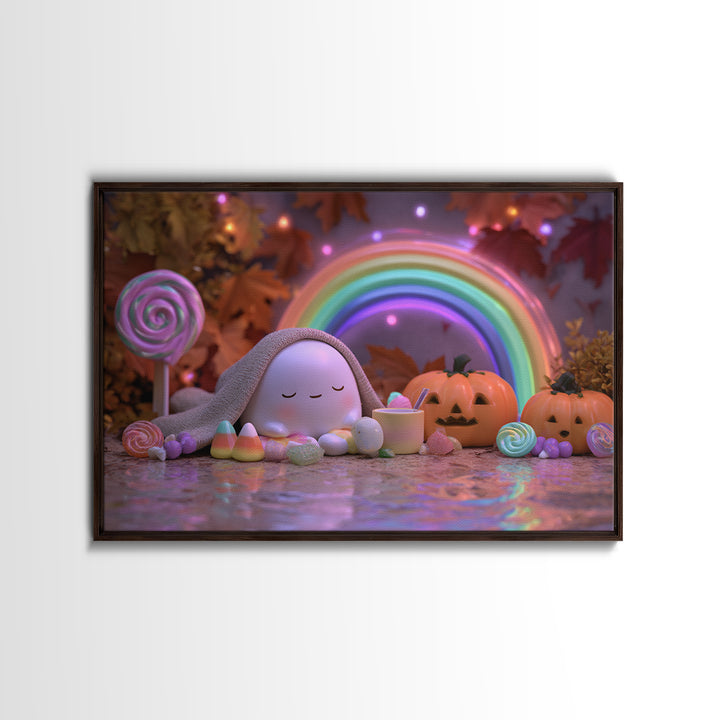 The Rainbow After The Halloween Rain, Synthwave Halloween Art, Landscape Wall Art, Framed Canvas Print, Retro Halloween Decor, Neon Wall Art