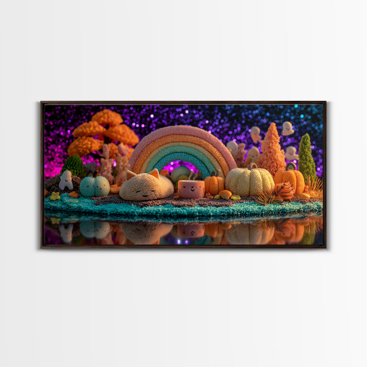 The Rainbow After The Halloween Rain, 80s Halloween Wall Art, Wide Panoramic Art, Framed Canvas Print, Retro Halloween Decor, Neon Wall Art