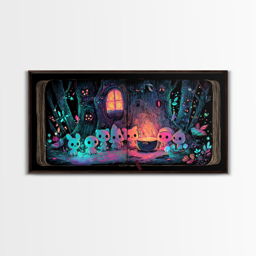 The Cozy Hollow Tree, Retro Neon Halloween Art, Wide Panoramic Art, Canvas Print, Retro Halloween Decor, Neon Wall Art, Statement Wall Art