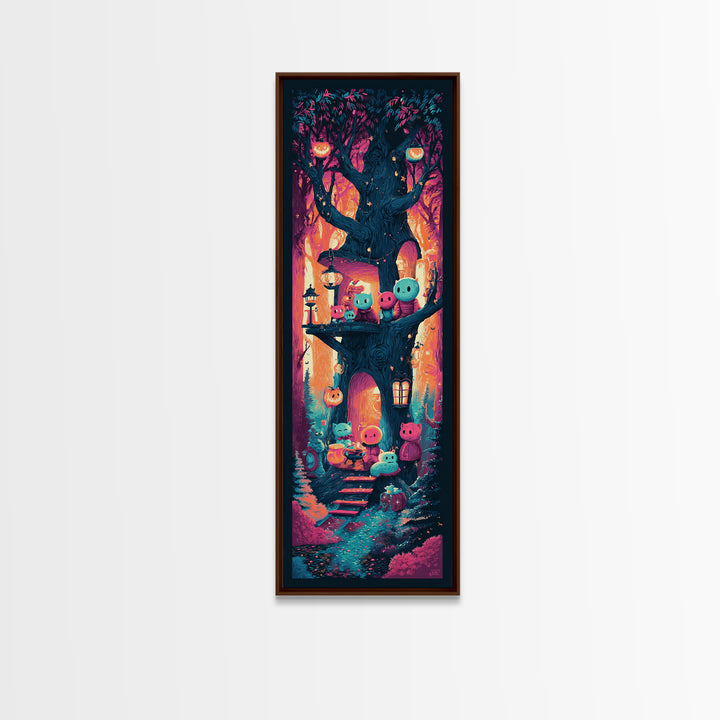 The Cozy Hollow Tree, Retro Neon Halloween Art, Tall Narrow Wall Art, Canvas Print, Retro Halloween Decor, Neon Wall Art, Statement Wall Art