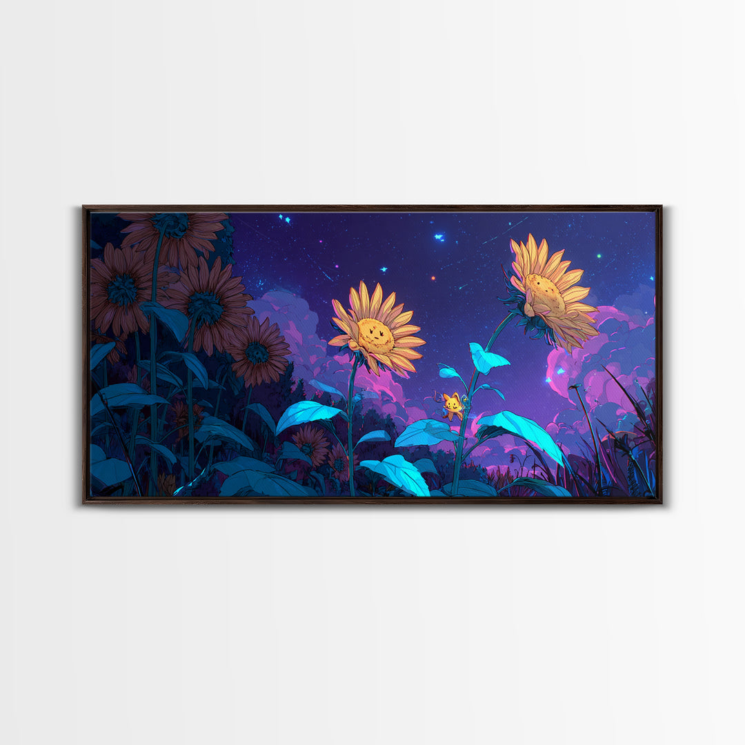The Singing Sunflowers At Midnight, Synthwave Halloween Art, Wide Panoramic Art, Canvas Print, Retro Halloween Decor, Neon Wall Art